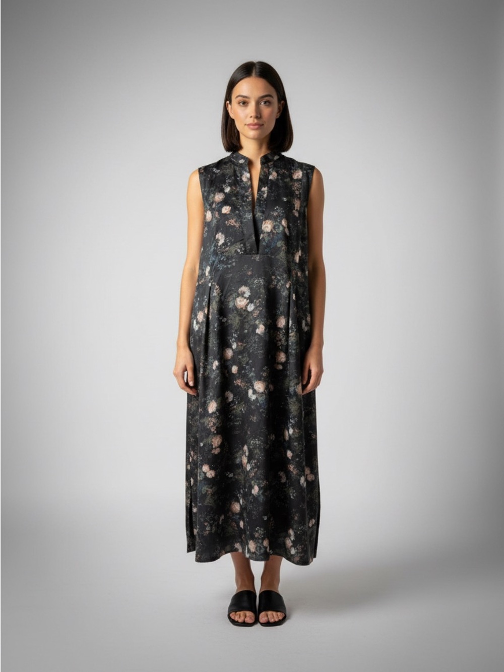 Vince Black Floral Sleeveless Midi Dress with Pocket (HAS A FLAW but NWT) Size L